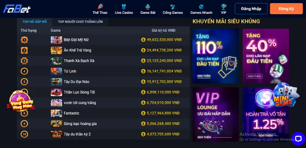 Giao diện trò chơi nổ hũ và bắn cá Unibet App